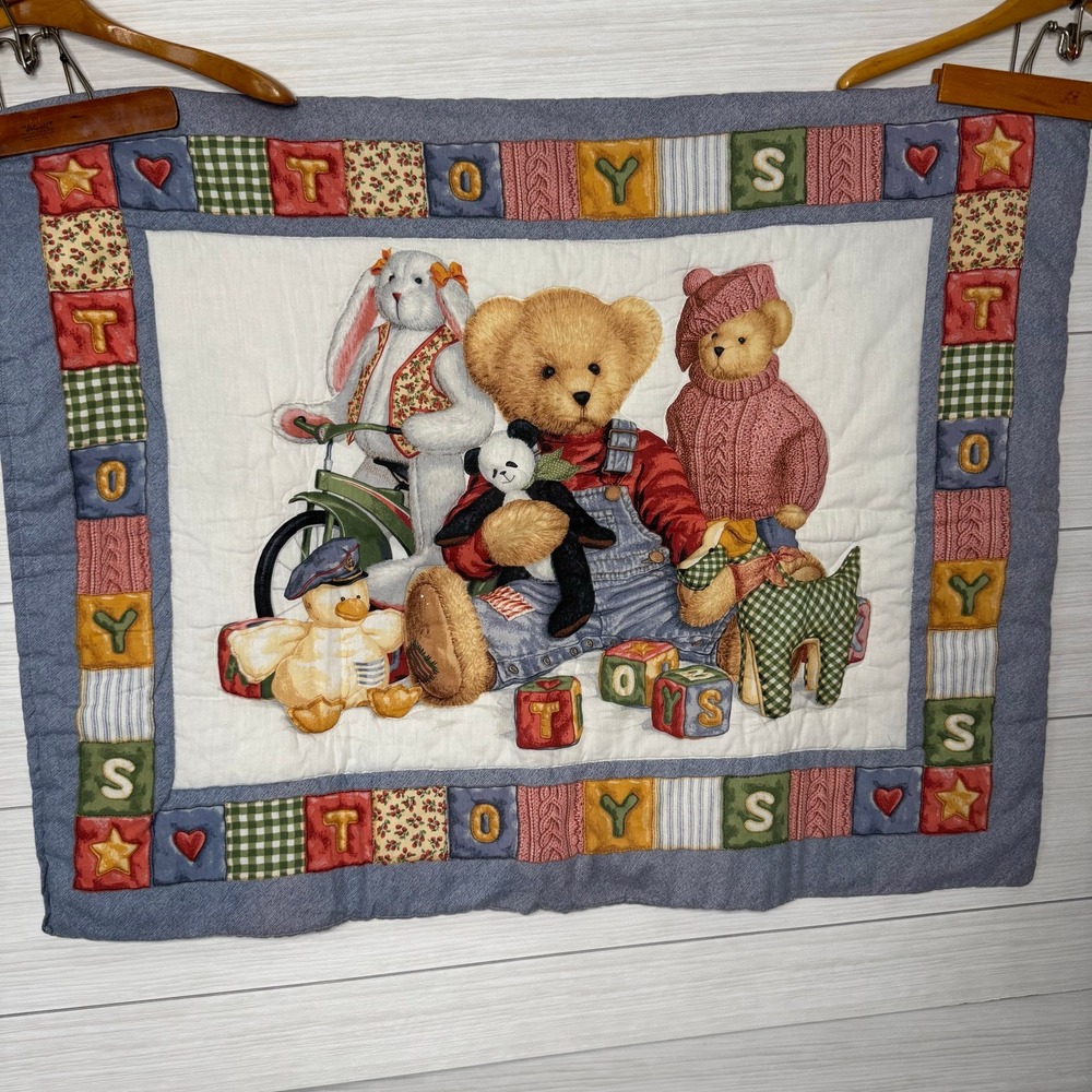 Handmade Quilted Wall Hanging Art Decor Blue Jean Teddy Bear Toys Theme Nursery - Picture 2 of 7